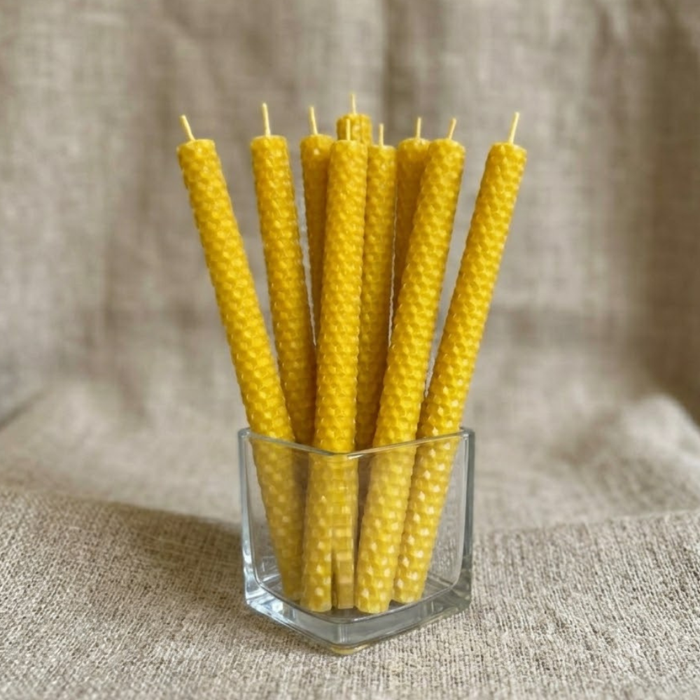 Natural Beeswax Taper Candles – Hand Rolled 8" Honeycomb Dinner Candles (Set of 6, 12, 24)