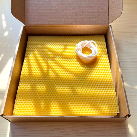 Beeswax sheets starter pack with cotton wick, packed in a kraft box
