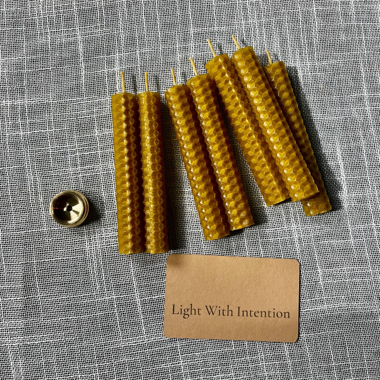 Beeswax Ritual Candle Set of 7 with Holder – Natural 4" Meditation Candles